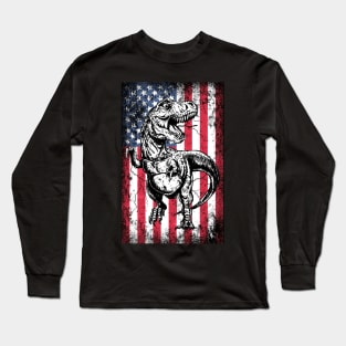 Patriotic T-Rex American Flag Long Sleeve T-Shirt